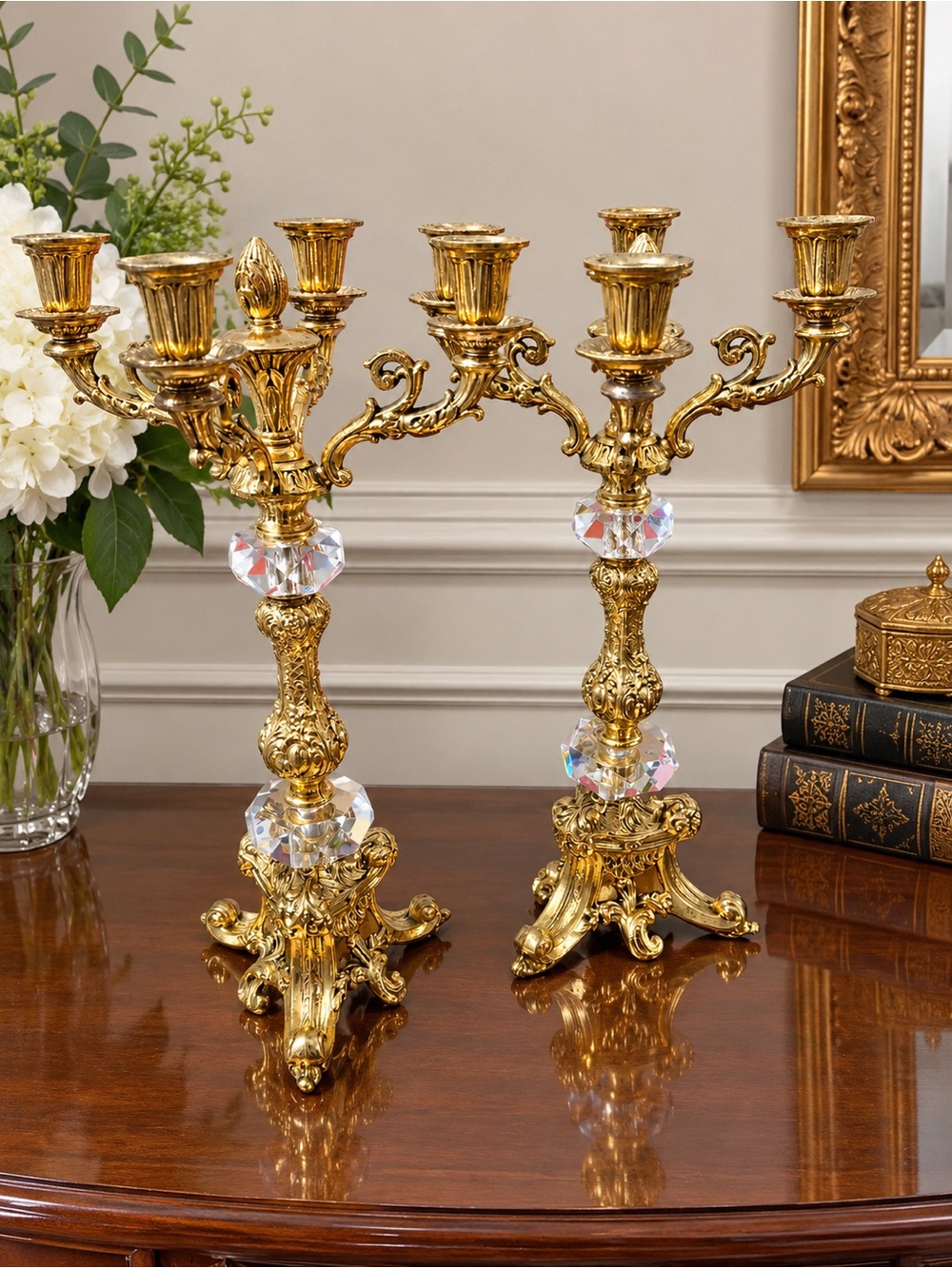 Gold Crystal Accent Candelabra Pair - Elegant Home Accents